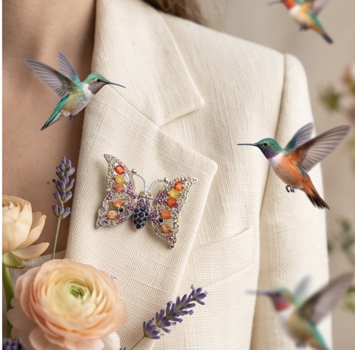 Butterfly authentic 9.8 carat multicolor Sapphire .925 Sterling Silver handmade Pendant Brooch - Butterfly sapphire brooch on lapel with hummingbirds and flowers nearby.