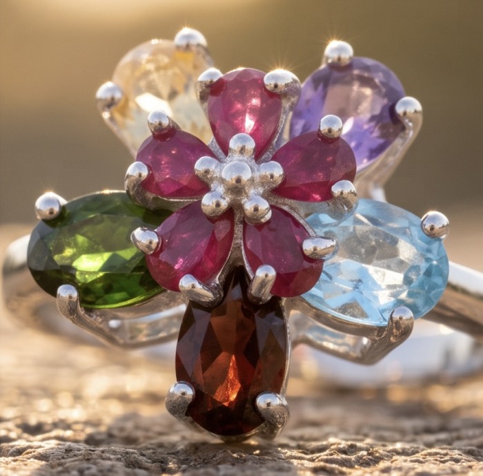 Flower 6.8 carat Multigem rhodium over .925 Sterling Silver Handcrafted Ring size 7 - Close-up of multigem flower ring in rhodium over sterling silver