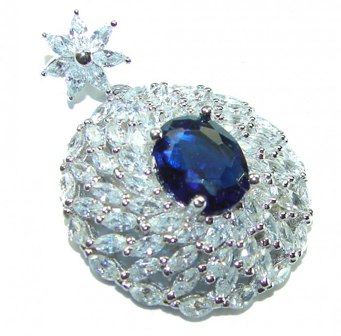 Luxurious 5.5 carat Sapphire White Sapphire .925 Sterling Silver handcrafted pendant - Close-up of luxurious sapphire and white sapphire pendant.