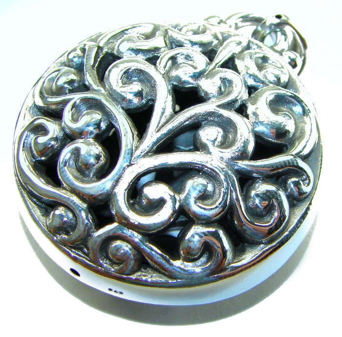 Bali Spirit Large Sterling Beauty .925 Silver Bali handmade Pendant - Close-up of ornate sterling silver Bali Spirit pendant detail.