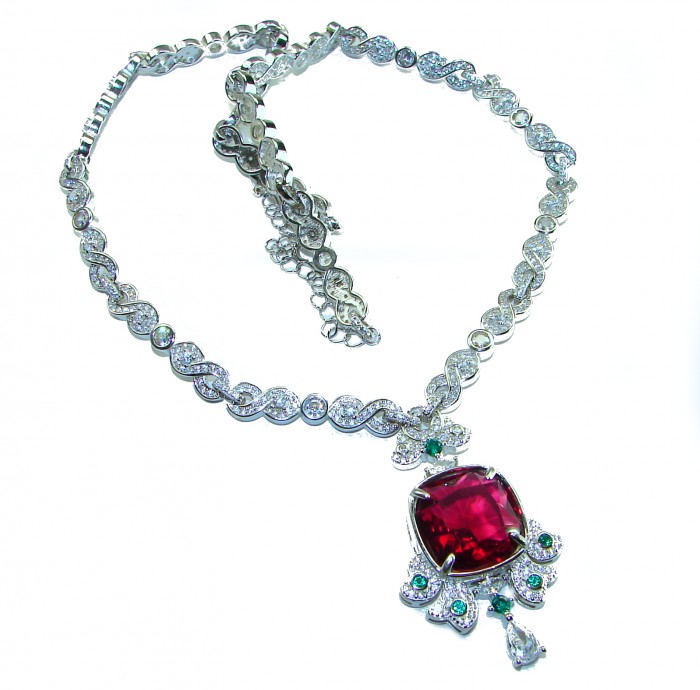 Art Deco - Luxurious natural 12.5 carat Ruby .925 Sterling Silver handmade Statement necklace - Art Deco necklace with large ruby and diamonds, top-down view