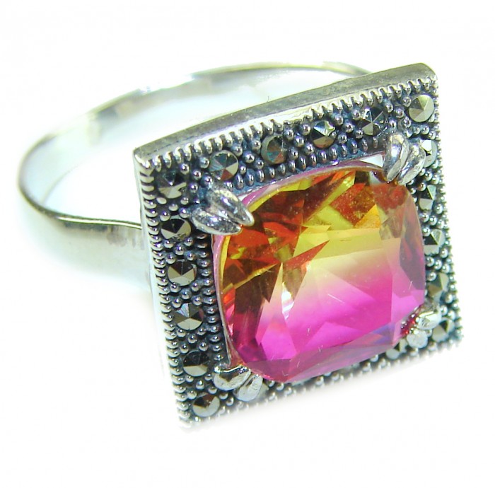 7.5 carat Ametrine Marcasite .925 Sterling Silver HANDCRAFTED Ring s. 8 - Close-up of Ametrine Marcasite ring in .925 sterling silver, side view.