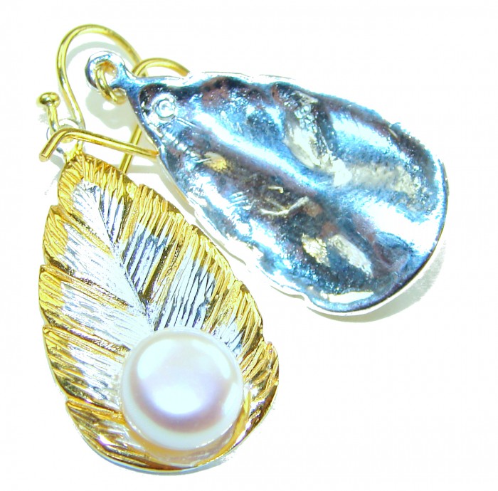 Sublime Blister Pearl 14K Gold over .925 Sterling Silver handcrafted Earrings - Close-up of Sublime Blister Pearl earrings, gold and silver leaf design.