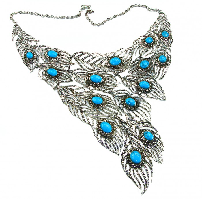 HUGE 104.7 grams Peacock Feather design genuine Turquoise .925 Sterling Silver handcrafted Necklace - Peacock feather necklace with turquoise stones, top view.
