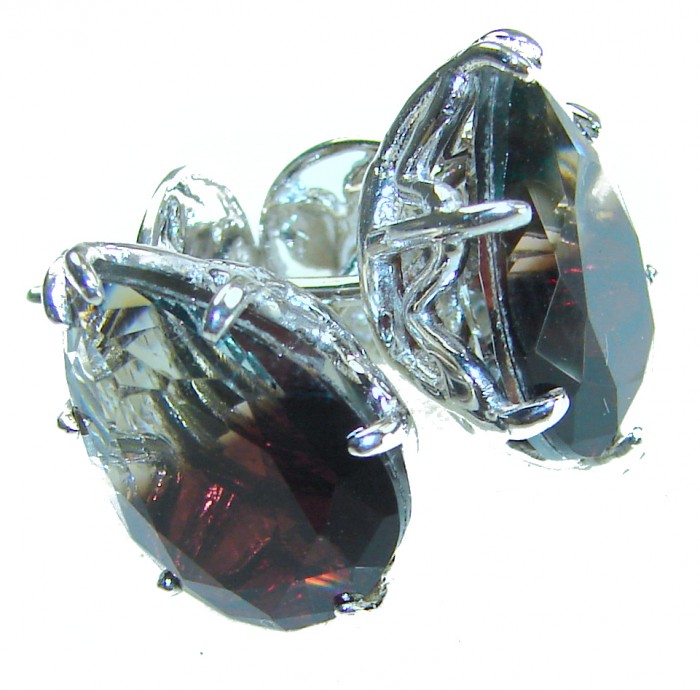 From dawn to dusk authentic 11.2 carat Brazilian Smoky Topaz .925 Sterling Silver handcrafted earrings - Close-up of Brazilian smoky topaz earrings, side view.