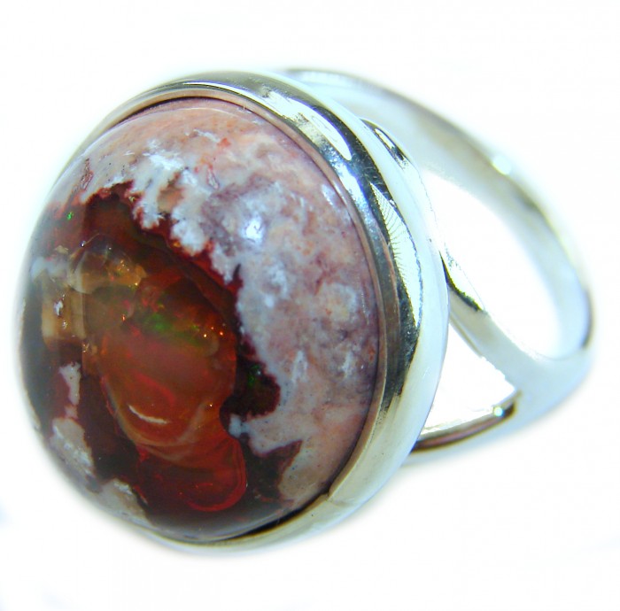 Bonfire Night best quality 18.4 carat Mexican Opal .925 Sterling Silver handmade ring 7 1/4 - Close-up of Bonfire Night Mexican Opal ring in .925 sterling silver.