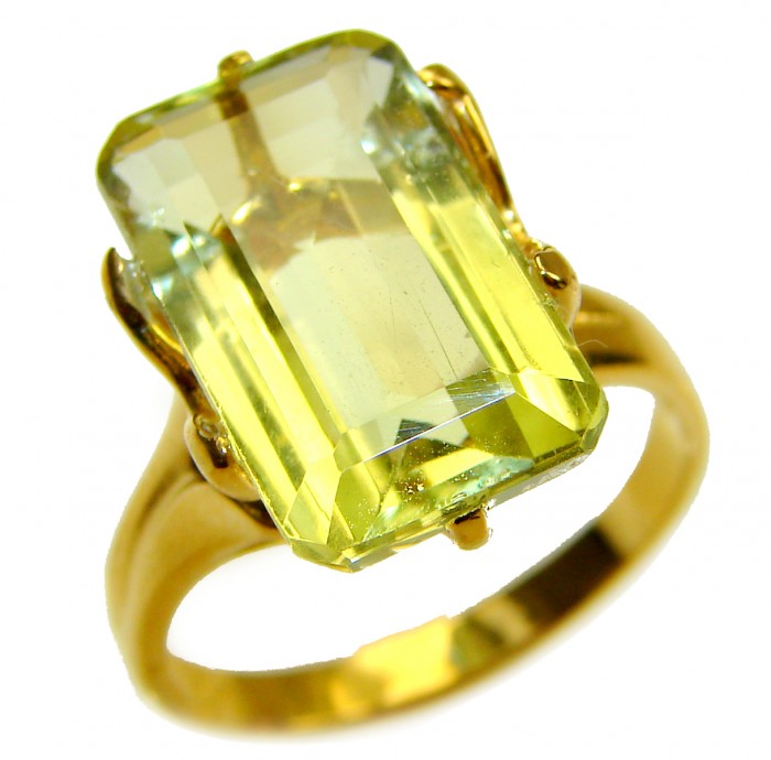 Solid 9.8 carat Genuine Lemon Quartz 18K Gold over .925 Sterling Silver handcrafted ring size 8 - Close-up of lemon quartz ring with 18K gold over silver band.