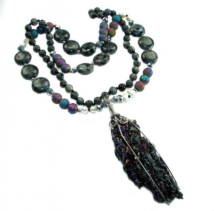 Bohemian Style Huge Genuine 34 inches Titanum Druzy .925 Sterling Silver handmade necklace - Bohemian necklace with druzy pendant, detailed view of beads and wire wrap.