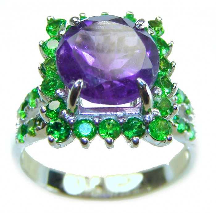 Purple Treasure 6.2 carat Amethyst Travorite Garnet .925 Sterling Silver Ring size 5 - Amethyst and green garnet ring, front view close-up.
