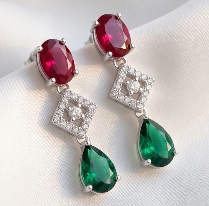 Francesca - Luxurious natural 19.8 carat Ruby Emerald .925 Sterling Silver handmade Statement Earrings - Close-up of ruby and emerald drop earrings with diamond accents.