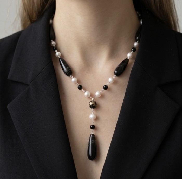 Black and White 26 inches authentic Onyx Pearl .925 Sterling Silver handmade Station Necklace - Necklace worn on neck, black onyx and white pearl detail view
