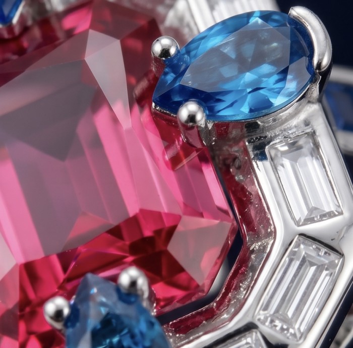 Art Deco 8.6 ctw Ruby .925 Sterling Silver handcrafted Statement Ring size 8 - Close-up of Art Deco ruby and blue gems in .925 sterling silver setting.