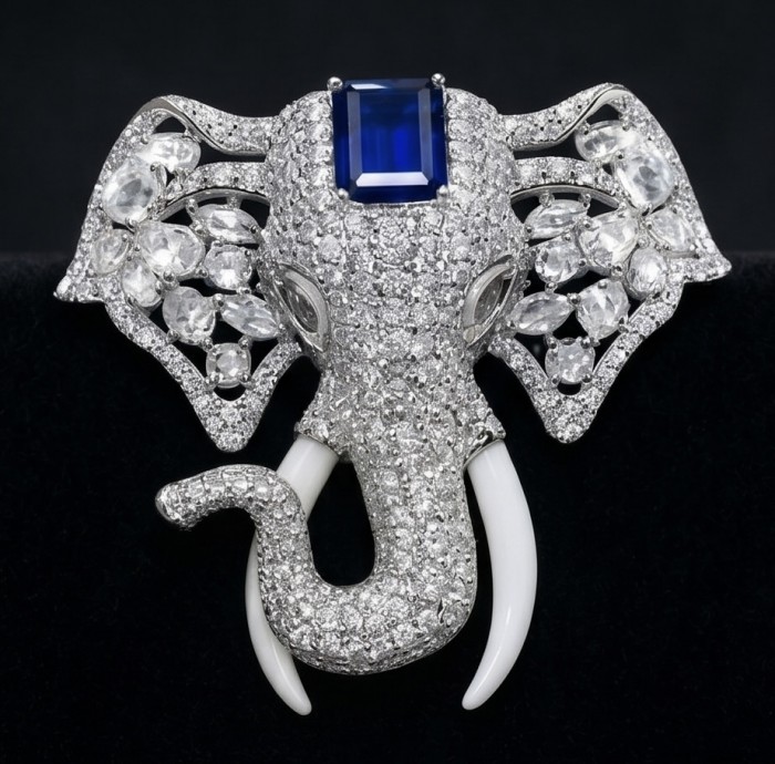Attract YOUR Luck - ELEPHANT- 5.2 CARAT Sapphire .925 Sterling Silver dipped in rhodium handcrafted Pendant Brooch - Elephant brooch with sapphire, front view, diamond pave and gem details.
