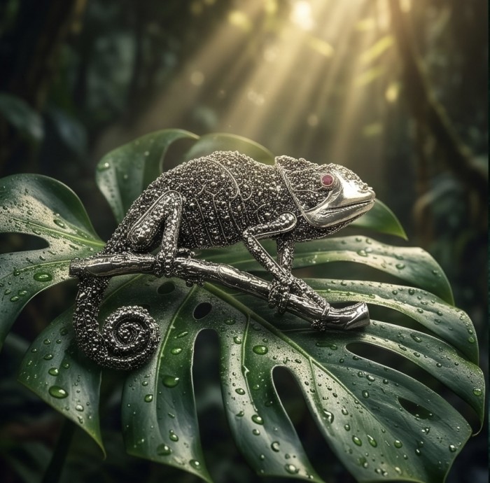 Spectacular - Big Chameleon Lizard Marcasite .925 Sterling Silver handmade Brooch - Side view of marcasite sterling silver chameleon brooch on leaf.