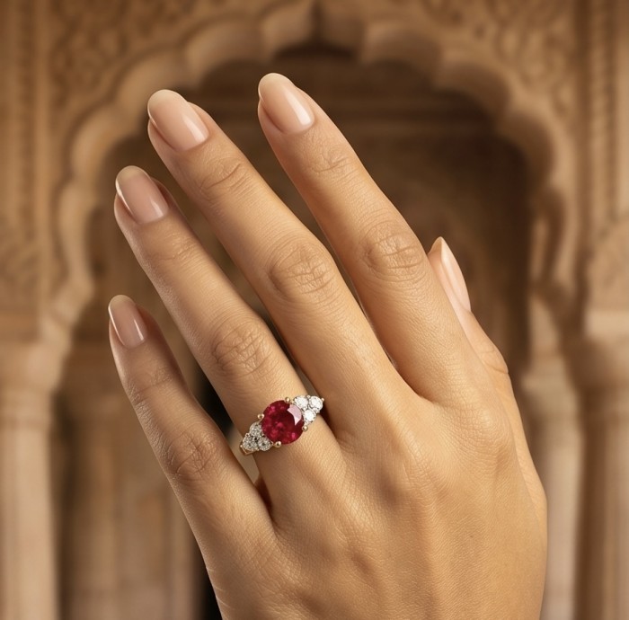 Born to Glam authentic 4.2 carat Ruby 22K Gold over .925 Silver handcrafted Ring s. 7 1/4 - Ruby ring worn on hand, elegant archway background