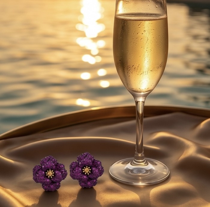 Exotic Flowers - 18.8 carat Mozambique Ruby .925 Sterling Silver dipped in rhodium 22K Gold handmade Statement Earrings - Exotic Flowers earrings with champagne glass by a sunset backdrop