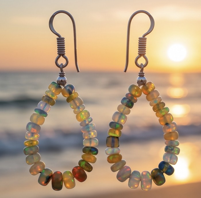 Golden Mist - Authentic 8.9 carat Ethiopian Opal .925 Sterling Silver handmade earrings - Ethiopian opal earrings against a sunset backdrop, close-up view.