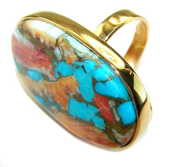 Rare 33.5 carat Oyster Turquoise 18K Gold over .925 Sterling Silver handcrafted Large ring; s. 7 adjustable - Oyster Turquoise 18K Gold Ring, stone close-up, side angle.