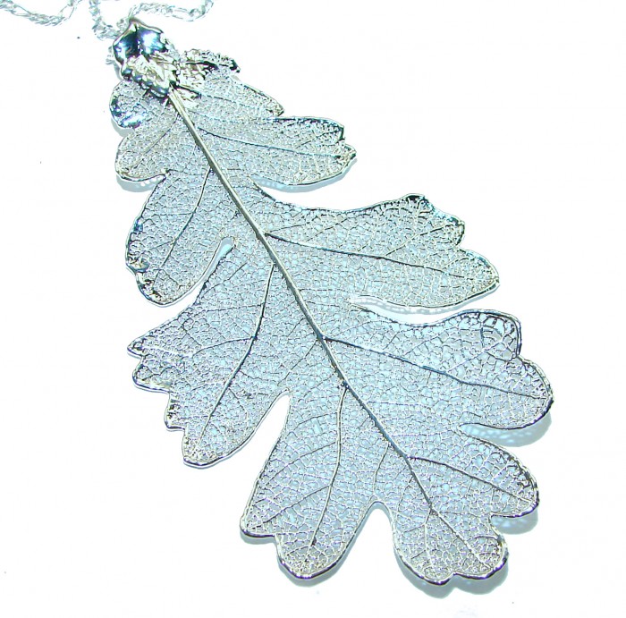 English Oak Leaf - Real Leaf dipped in real .925 Sterling Silver handmade handcrafted Necklace - Silver leaf pendant, top view, detailed veins visible.