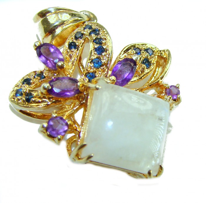 Genuine 11.2 carat Fire Moonstone 14K Gold over .925 Sterling Silver handcrafted pendant - Close-up of 11.2 ct Fire Moonstone pendant with amethyst and sapphire accents