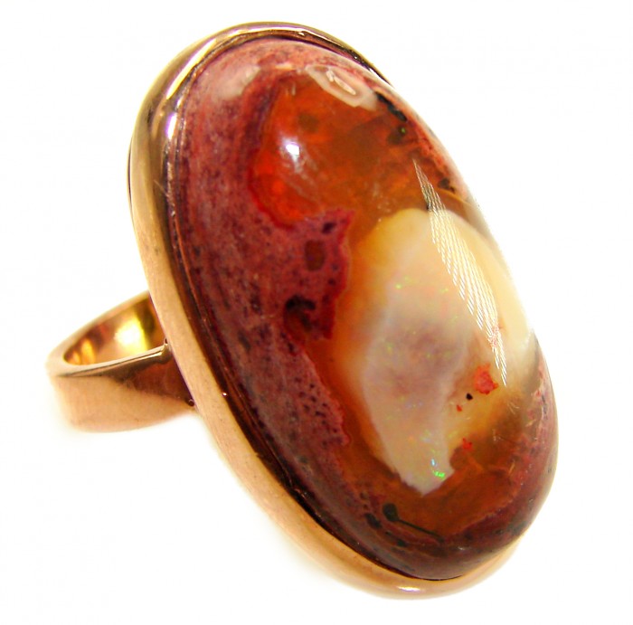 Queen of Fire best quality 25.4 carat Mexican Opal 18K Rose Gold over .925 Sterling Silver handmade ring 8 adjustable - Close-up of Mexican Opal ring, 18K rose gold, Queen of Fire design.