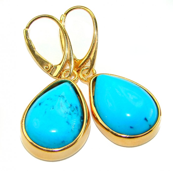 Great authentic Sleeping Beauty Turquoise 18K Gold over .925 Sterling Silver handcrafted Earrings - Turquoise gold earrings, close-up, front angle.