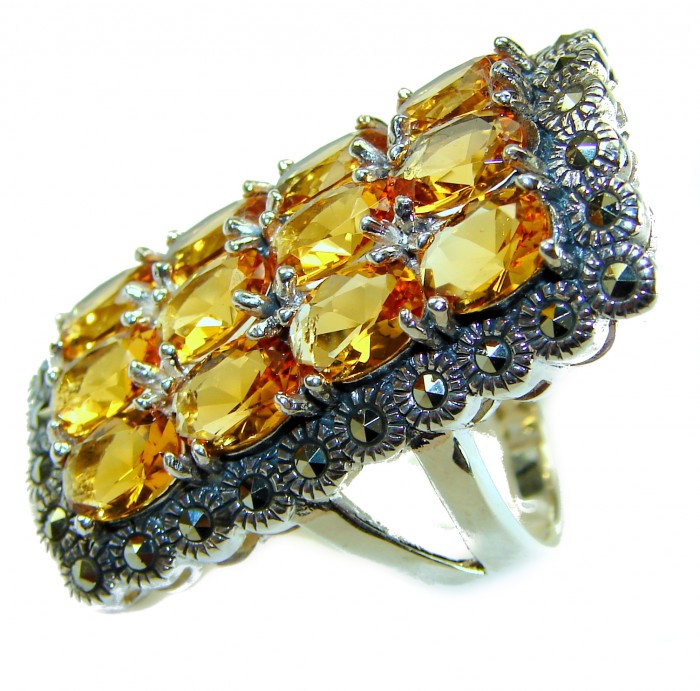 Golden Royalty 44.5 carat Citrine Marcasite .925 Sterling Silver Handcrafted Huge Ring size 8 - Side view of Golden Royalty 44.5 ct Citrine Marcasite .925 Sterling ring.