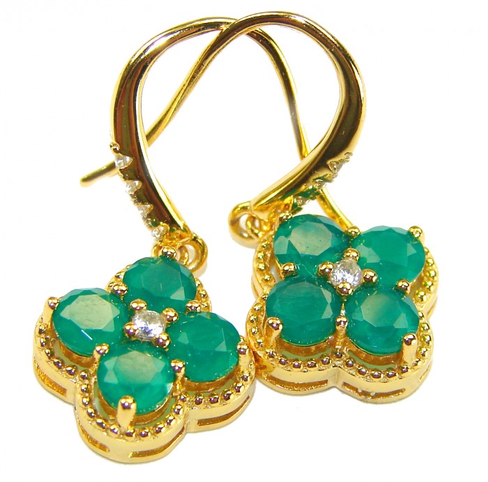 Giovanna - Authentic 8.9 carat Emerlad .925 Sterling Silver dipped in 18K Gold handcrafted earrings - Emerald earrings close-up with gold detailing and gemstone cluster.