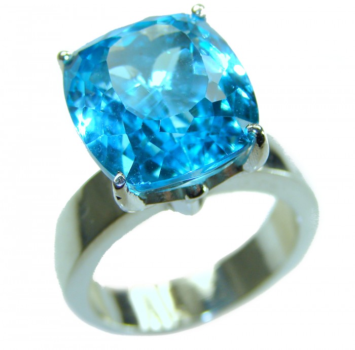 Pacifica 10.5 carat authentic Swiss Blue Topaz .925 Sterling Silver handmade Statement Ring size 8 - Close-up of Swiss Blue Topaz ring, silver band, gemstone detail.