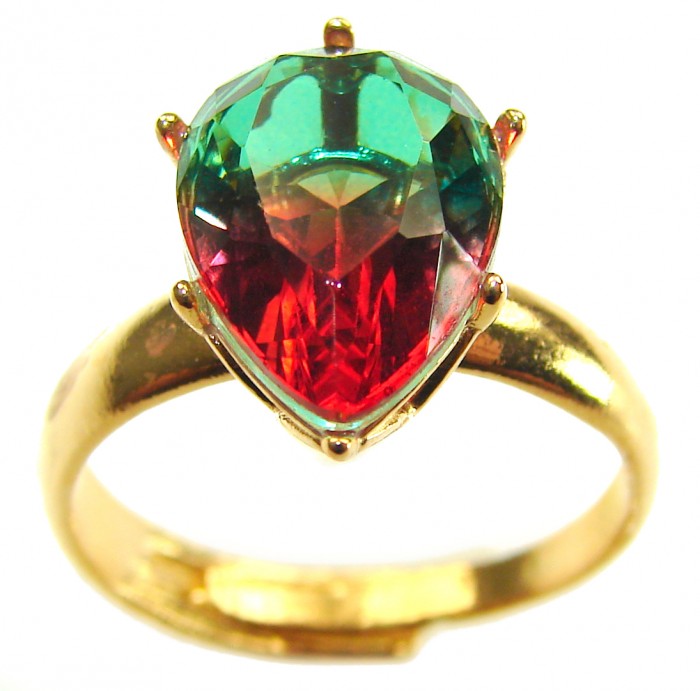 6.8 carat Brazilian Tourmaline .925 Sterling Silver dipped in 18K Gold Perfectly handcrafted Ring s. 9 adjustable - Pear-shaped tourmaline ring close-up showing vibrant colors