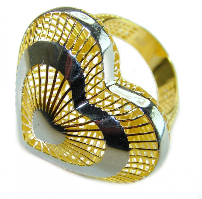 Dubai Style - Golden Heart .925 Sterling Silver dipped in 22K Gold handmade Large ring size 7 - Heart-shaped golden ring, side view, intricate design, sterling silver.