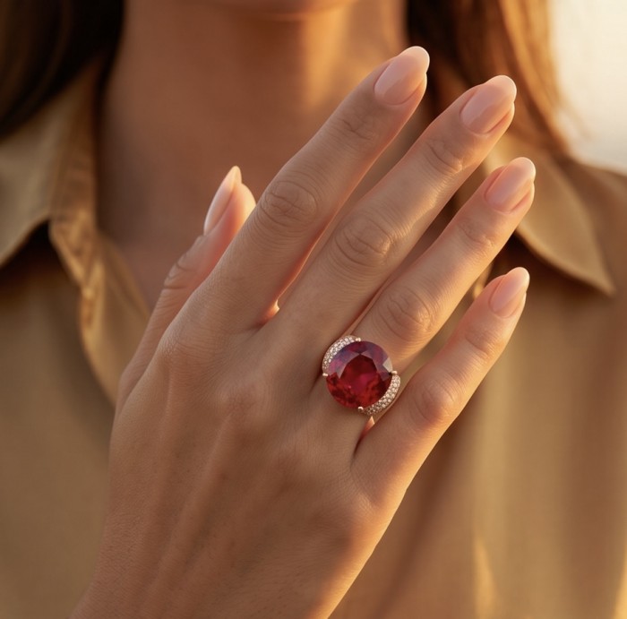 Royalty Natural 25.4 carat Ruby .925 Sterling Silver dipped in 22K Rose Gold handmade Large Statement Ring size 6 1/4 - Ruby ring worn on hand, front view, 25.4 carat, sterling silver.