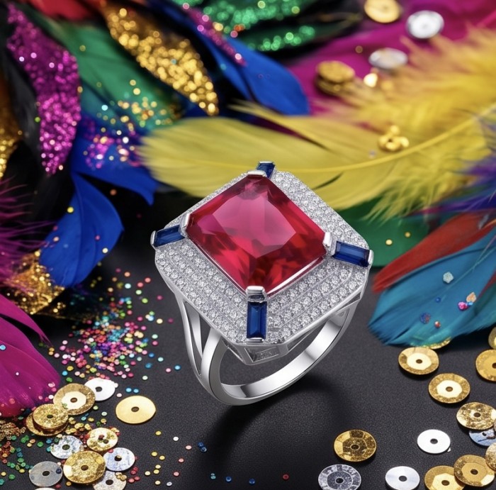 Art Deco 16.6 ctw Ruby .925 Sterling Silver handcrafted Statement Ring size 8 1/4 - Close-up of Art Deco ruby ring with colorful feathers and glitter.