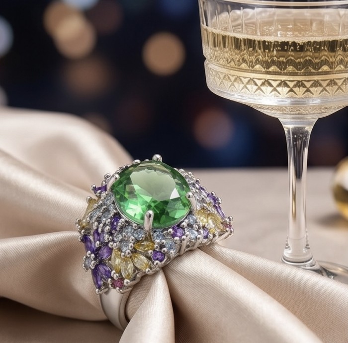 Green Aura 8.4 carat fancy cut Topaz .925 Sterling Silver handcrafted Large ring size 5 adjustable - Topaz ring side view with green stone on satin, next to champagne glass.