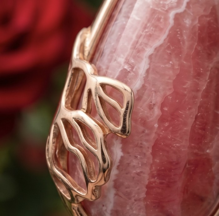 Argentinian Rhodochrosite handmade Pendant in Vermeil 18K Rose Gold Over .925 Sterling Silver - Close-up of Rhodochrosite pendant with 18K Vermeil leaf design.