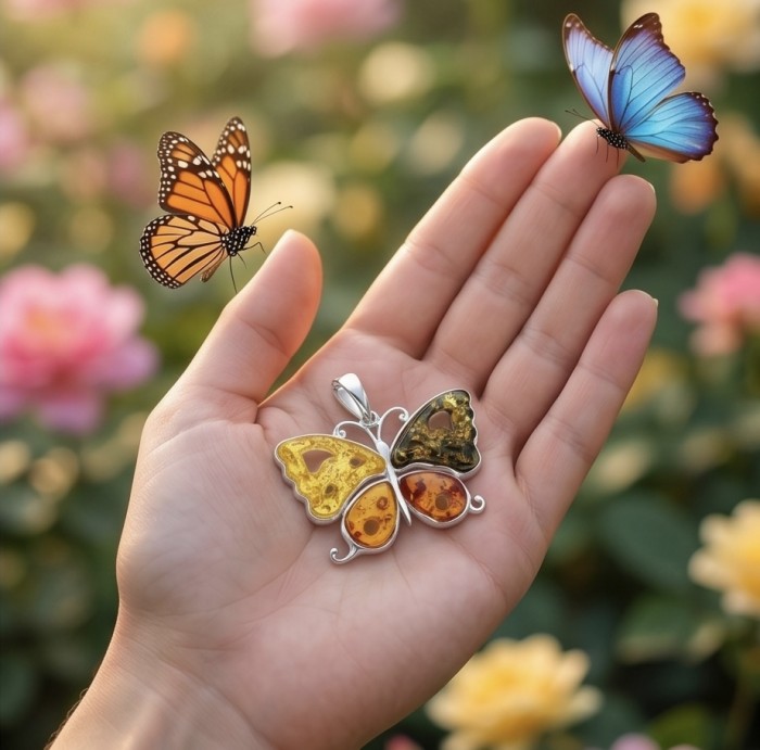 Cute Butterfly Authentic carved Baltic Amber .925 Sterling Silver handcrafted pendant - Butterfly amber pendant in hand with two butterflies nearby.