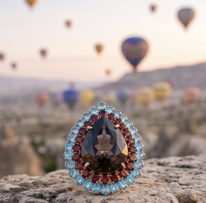 An exuberantly Large 39.8 grams carat Genuine Smoky Topaz .925 Sterling Silver dipped in 18K Rose Gold Handcrafted Ring size 8 1/4 - Close-up of large smoky topaz ring with colorful gemstone accents.