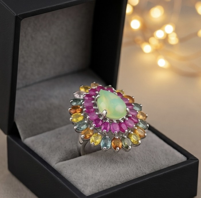 Royal quality genuine Prehnite rhodium over .925 Sterling Silver handcrafted .925 Sterling Silver handcrafted ring s. 6 3/4 - Prehnite ring front view in black jewelry box with lights in background.