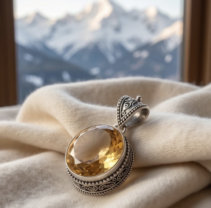 Golden Planet Oval cut 55.3 carat Lemon Quartz .925 Sterling Silver handcrafted LARGE pendant - Oval lemon quartz pendant in silver setting, close-up with mountain view.