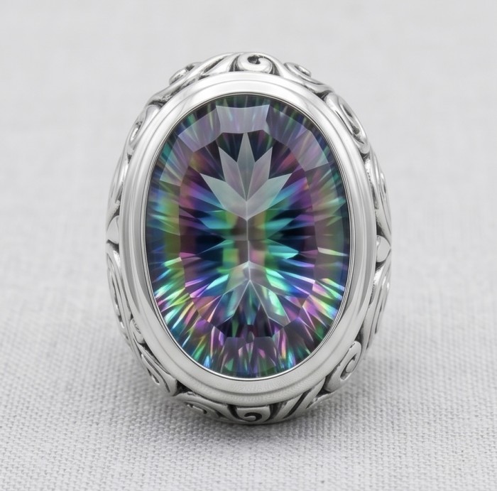 Big Dreamer 29.8 carat Mystic Topaz .925 Sterling Silver handcrafted Large ring size 8 - Mystic Topaz Sterling Silver ring, stone close-up.