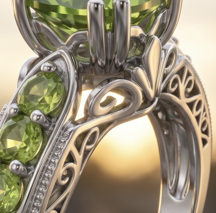 Royalty 4.9 carat authentic Himalayan Peridot .925 Sterling Silver Handcrafted Statement Ring size 8 - Close-up of Himalayan Peridot ring with intricate silver detailing.