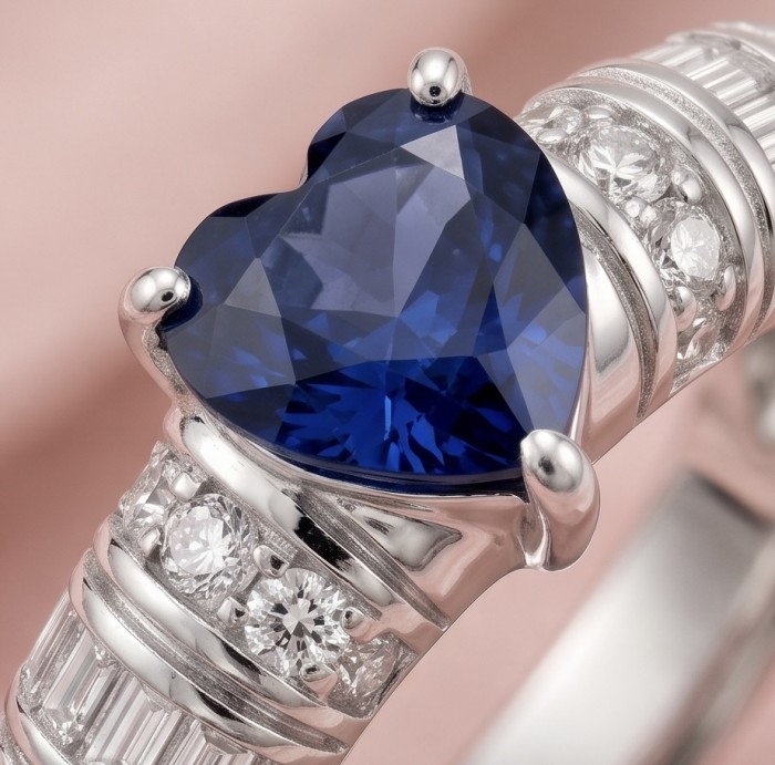 Love is Forever HEART cut 1.8 carat Sapphire .925 Sterling Silver handcrafted Cocktail Ring s. 8 - Close-up of heart-cut sapphire and diamond ring in sterling silver.