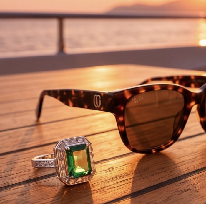 Precious 6.2 CARAT Chrome Diopside .925 Sterling Silver Statement Ring s. 8 - Emerald-cut diopside ring with sunglasses on a wooden table at sunset.