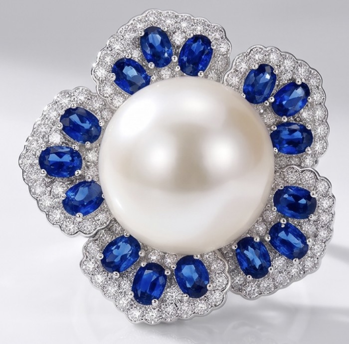 Luxurious Flower Large white Pearl 4.2 carat Sapphire Rhodium over .925 Sterling Silver brilliantly handcrafted ring s. 6 1/4 - Close-up of luxurious flower design with pearl and sapphire stones.