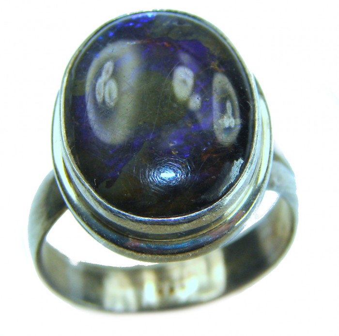 Outstanding Genuine purple Canadian Ammolite .925 Sterling Silver handmade ring size 7 adjustable - Close-up of purple Canadian Ammolite in .925 sterling silver ring.