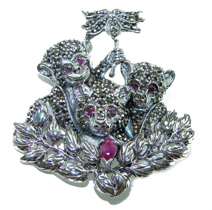 Three Monkeys - Spectacular - Ruby Marcasite .925 Sterling Silver handmade Brooch - Front view of Three Monkeys ruby and marcasite sterling brooch.