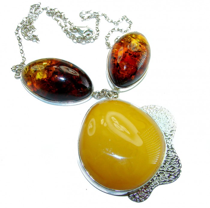Rare Creation - natural Baltic Amber .925 Sterling Silver handcrafted necklace - Natural Baltic amber necklace with sterling silver, top view.