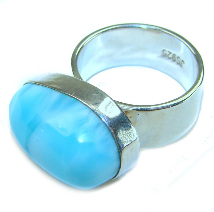 Blue Perfection AUTHENTIC Larimar .925 Sterling Silver handmade Large ring size 6 3/4 - Close-up of blue Larimar ring in .925 sterling silver setting.