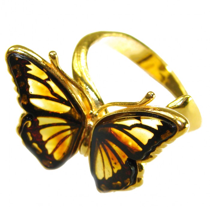 Butterfly Authentic carved Baltic Amber 18K Gold over .925 Sterling Silver handcrafted ring; s. 7 adjustable - Butterfly amber ring, 18K gold, top view.