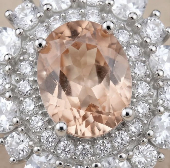 Isabella Authentic emerald cut 4.8 carat Morganite .925 Sterling Silver ring s. 7 1/4 - Close-up of Isabella emerald cut 4.8 carat morganite and .925 silver.